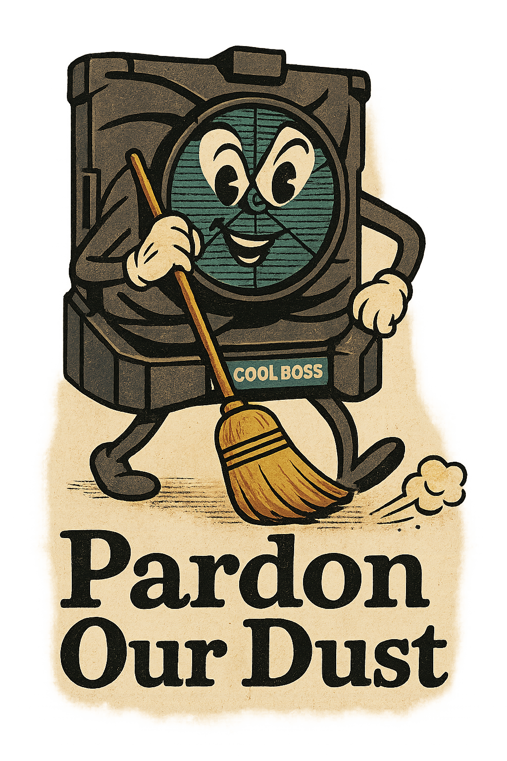 Cool Boss mascot sweeping up dust during maintenance